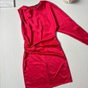 Zara Vibrant Red Satin Asymmetrical Dress NEW NWT
